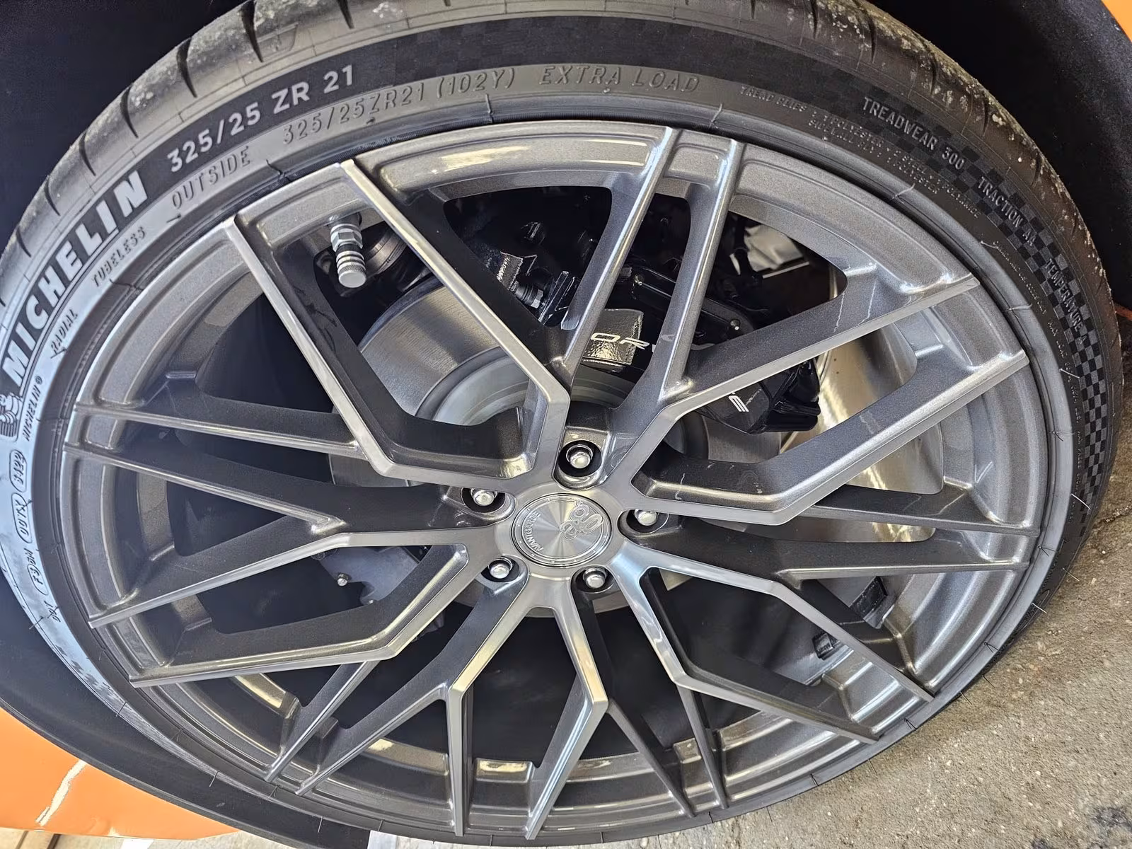 Close-up of Corvette wheel and Michelin tire